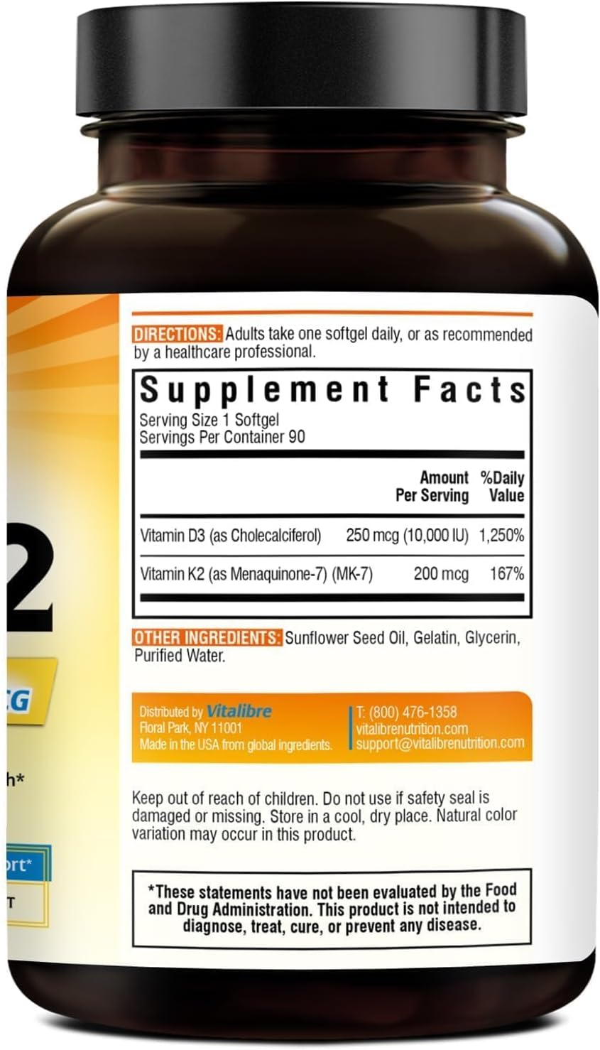 Vitalibre Vitamin D3 K2 Supplement, 10000 IU D3 / 200 mcg K2 MK7, 90 Soft gel capsules - görsel 8