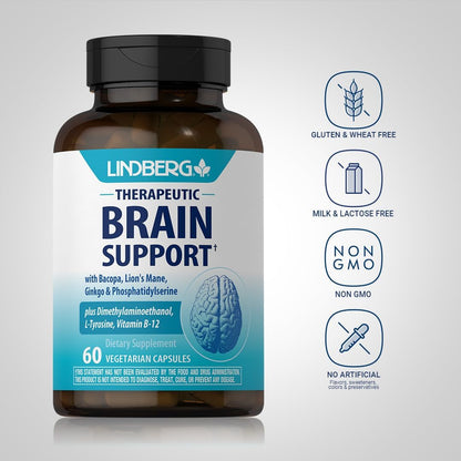 Lindberg Brain Support Supplement - 60 Capsules - with Phosphatidylserine, Lion's Mane, Vitamin B12 - Vegetarian, Non-GMO, Gluten-free