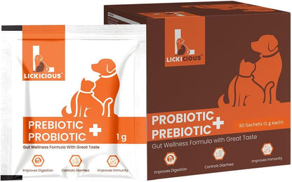 LICKICIOUS Probiotics for Dogs & Cats – Synbiotic Powder with 9.2 Billion CFU, 12 Strains, Prebiotics & Enzymes, 20 Sachets