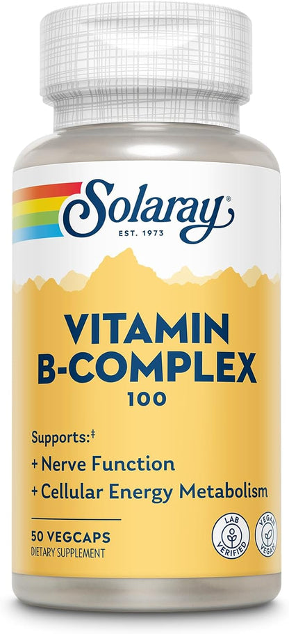 SOLARAY Vitamin B Complex 100mg | All 8 Essential B Vitamins for Energy & Nerve Support | Vegan, 50 Servings