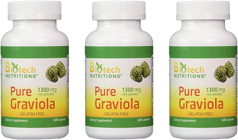 Graviola 100% Pure Graviola 1300mg Per Serving - 120 Capsules Per Bottle (Annona muricata) | 3-Pack - görsel 1