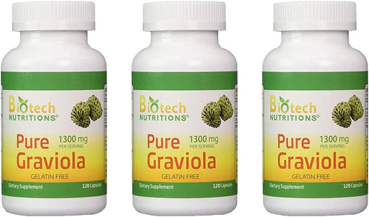 Graviola 100% Pure Graviola 1300mg Per Serving - 120 Capsules Per Bottle (Annona muricata) | 3-Pack