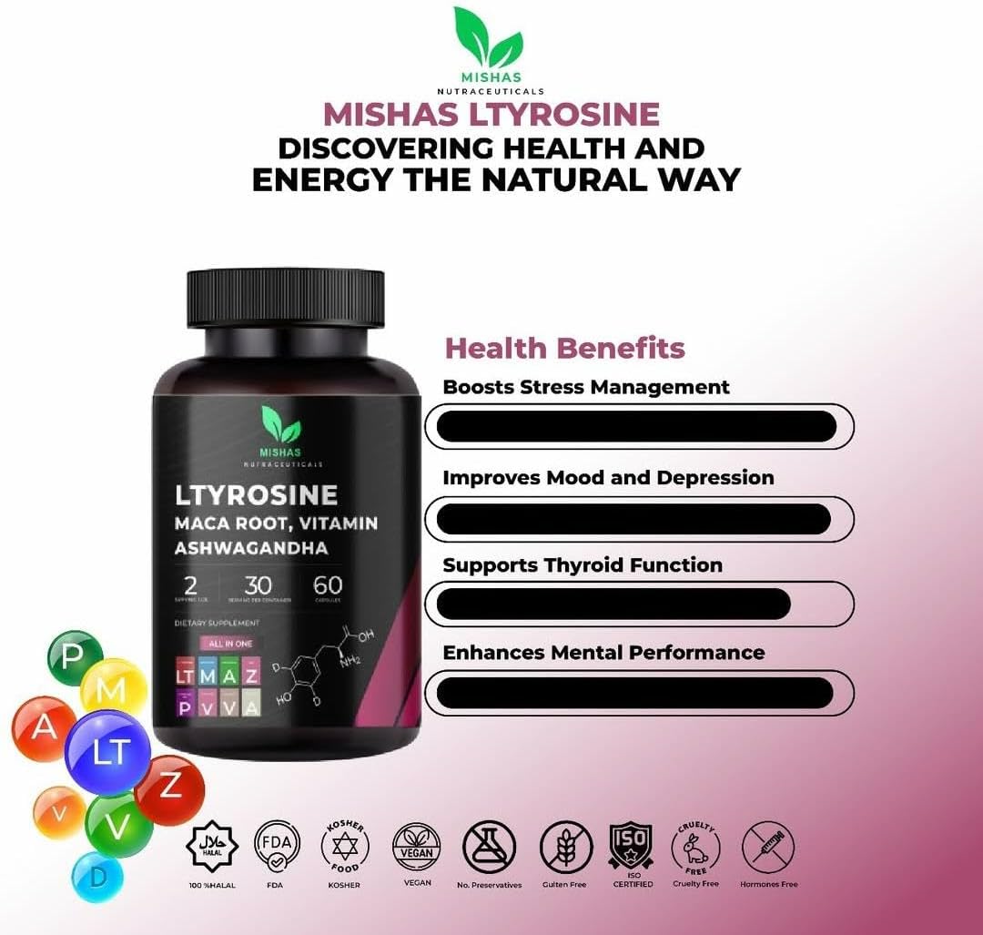 Mishas Nutraceuticals L-Tyrosine with Maca Root, Ashwagandha & Vitamins Complex – Energy, Mental Focus, Stress Relief & Immunity Support – 60 Capsules (30 Servings) - görsel 6