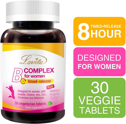 LOVITA High Potency Vitamin B Complex for Women – Time Release with Iron, Vitamin C, Cranberry, Pine Bark, Green Tea (Pack of 3, 90 Tablets)