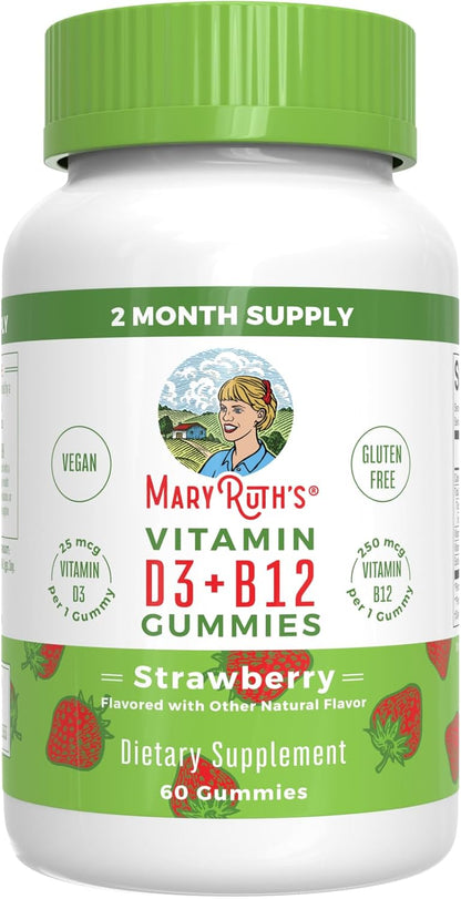 MARYRUTH'S Vitamin D3 + B12 Gummies for Ages 4+ | Bone Health | Immune Support | Energy Metabolism | Cognitive Function | Vegan | GM-Free | Gluten-free | 60 Gummies | 2 Month Supply