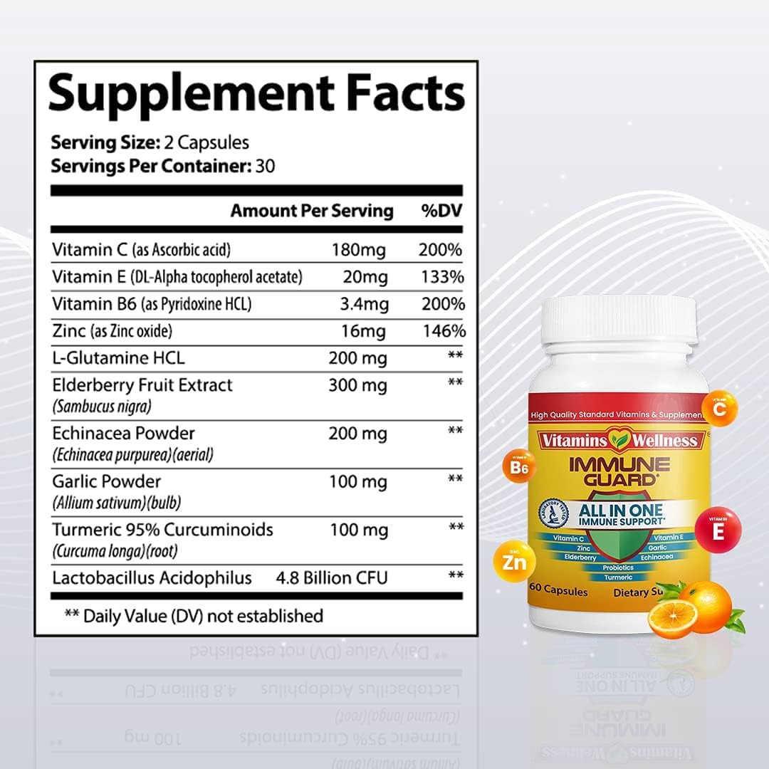 Vitamins Wellness Immune Guard – 10 in 1 Immune Support Supplement with Elderberry, Zinc, Vitamin C, Turmeric, Garlic and Echinacea – 60 Capsules - görsel 3