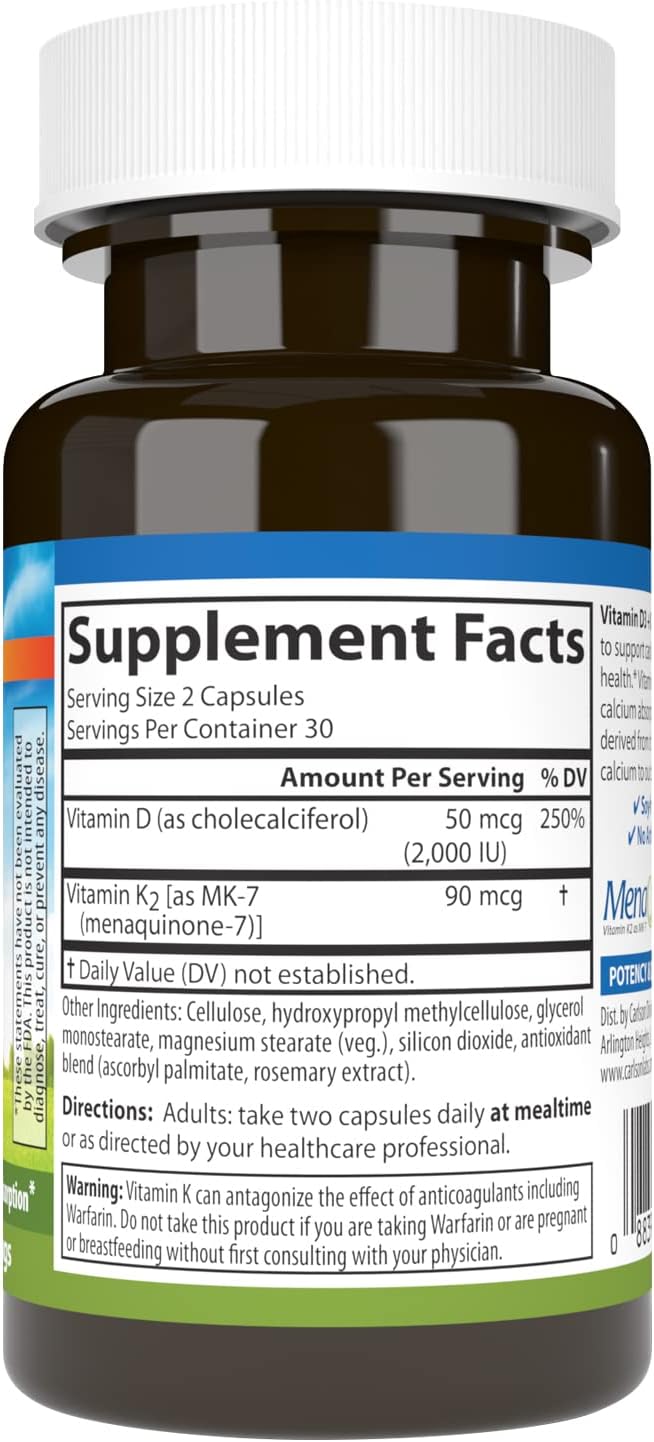 Carlson Vitamin D3 + K2, 2000 IU (50 mcg) D3 & 90 mcg K2 as MK-7, 60 Capsules - görsel 2