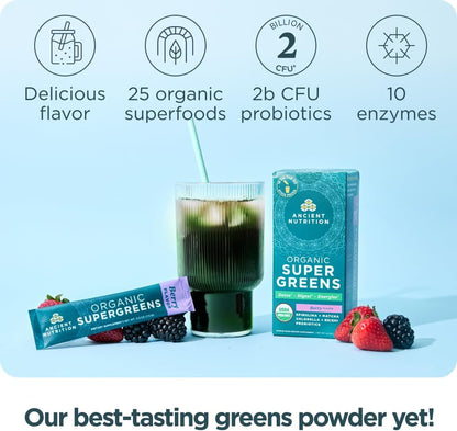 Ancient Nutrition SuperGreens Powder with Probiotics, Organic Berry Flavour, 16 Stick Packs