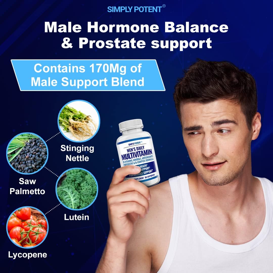 Simply Potent Daily Multivitamin for Men, 35 Vitamins with Minerals & Antioxidants, Vitamins A, C, D, E, Biotin, B12, Folate, Zinc, Magnesium & Saw Palmetto for Energy, Focus, Immune & Prostate Health, 60 Capsules - görsel 6
