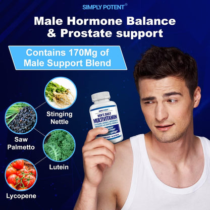 Simply Potent Daily Multivitamin for Men, 35 Vitamins with Minerals & Antioxidants, Vitamins A, C, D, E, Biotin, B12, Folate, Zinc, Magnesium & Saw Palmetto for Energy, Focus, Immune & Prostate Health, 60 Capsules
