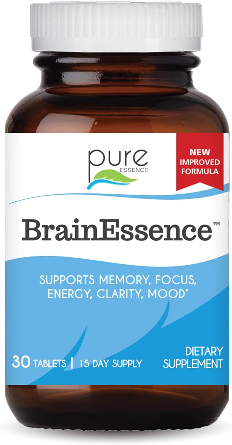 PURE ESSENCE LABS Brain Essence - Memory Supplement & Vitamin for Men, Women & Adults - Herbal Booster for Memory, Focus, Clarity & Stress Relief - Bacopa Monnieri, Ashwagandha & More (30 Tablets) - görsel 1