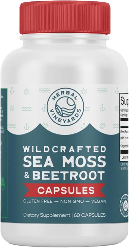 Herbal Vineyards Organic Wildcrafted Vegetable Capsules - Irish Sea Moss, Bladderwrack, and Burdock Root - 1500mg, 60 Capsules