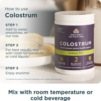 Ancient Nutrition Colostrum Superfood Powder, Grass-Fed Bovine Colostrum, Supports Healthy Gut Microbiome and Immune System, Lemon Bar Flavour, 60 Servings