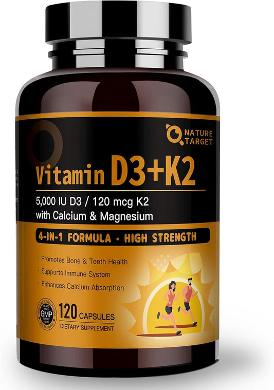 NATURE TARGET Vitamin D3 K2 with Calcium & Magnesium - Maximum Strength 4-in-1, 120 Capsules