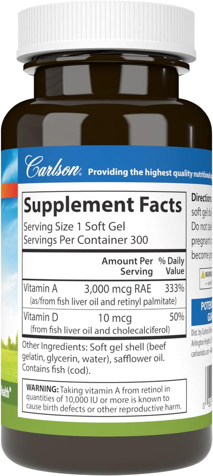 Carlson A & D, 10,000 IU Vitamin A & 400 IU Vitamin D3, 300 Soft Gels
