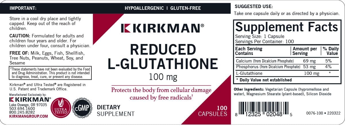 Kirkman Reduced L-Glutathione 100 mg – Hypoallergenic | 100 Vegetarian Capsules | Antioxidant Support - görsel 3