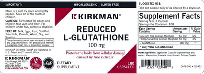 Kirkman Reduced L-Glutathione 100 mg – Hypoallergenic | 100 Vegetarian Capsules | Antioxidant Support