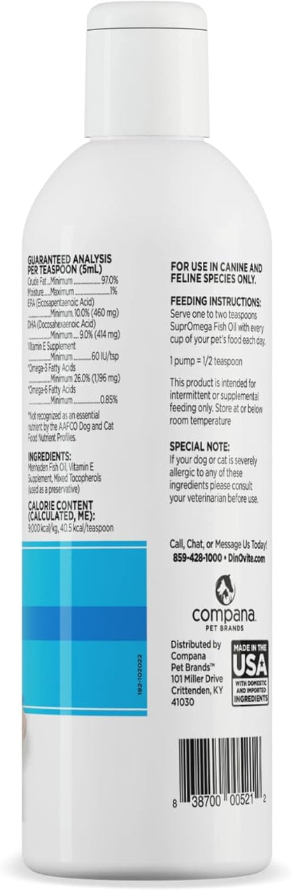 Dinovite SuprOmega Fish Oil for Dogs & Cats – Vitamin E & Omega-3 Meal Topper – Skin & Coat Health – 237 ml