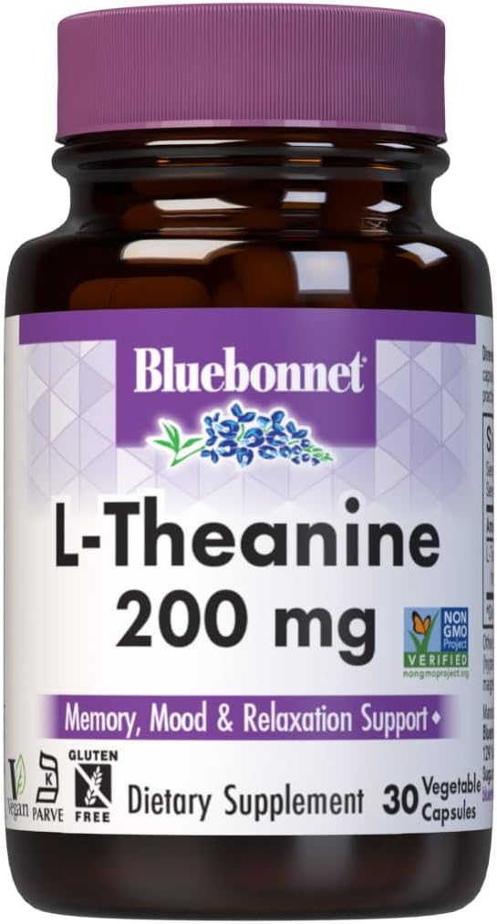 BlueBonnet L-Theanine 200mg Daily Nootropic Promotes Relaxation for Women & Men* - Free Form Amino Acid L Theanine Supplement - Non-GMO, Vegan, Gluten-Free - 30 Vegetable Capsules - görsel 1