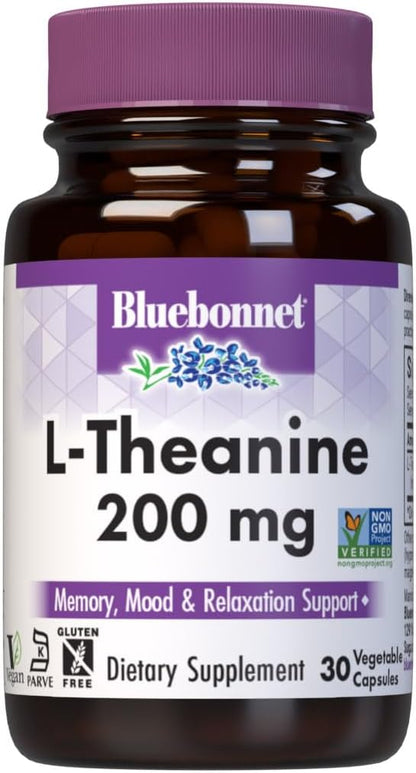 BlueBonnet L-Theanine 200mg Daily Nootropic Promotes Relaxation for Women & Men* - Free Form Amino Acid L Theanine Supplement - Non-GMO, Vegan, Gluten-Free - 30 Vegetable Capsules