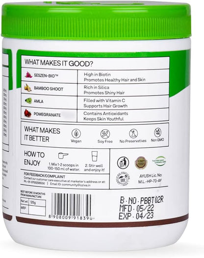OZiva Plant-Based Biotin Powder 10,000mcg with Amla – Hair, Skin & Nails Support
