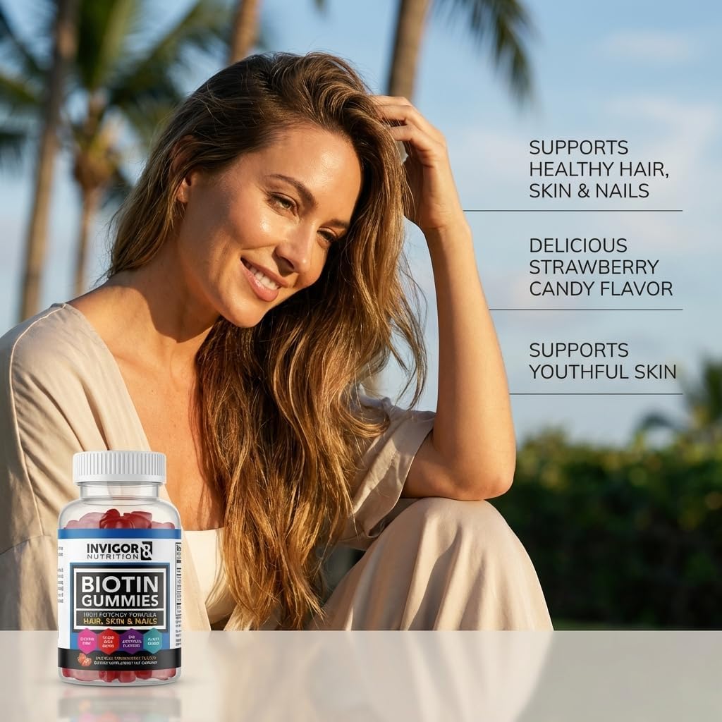 INVIGOR8 Biotin Gummies 10000mcg - Hair, Skin & Nails Support - Vegan, Kosher, Halal - Strawberry Flavour (60 Gummies) - görsel 5