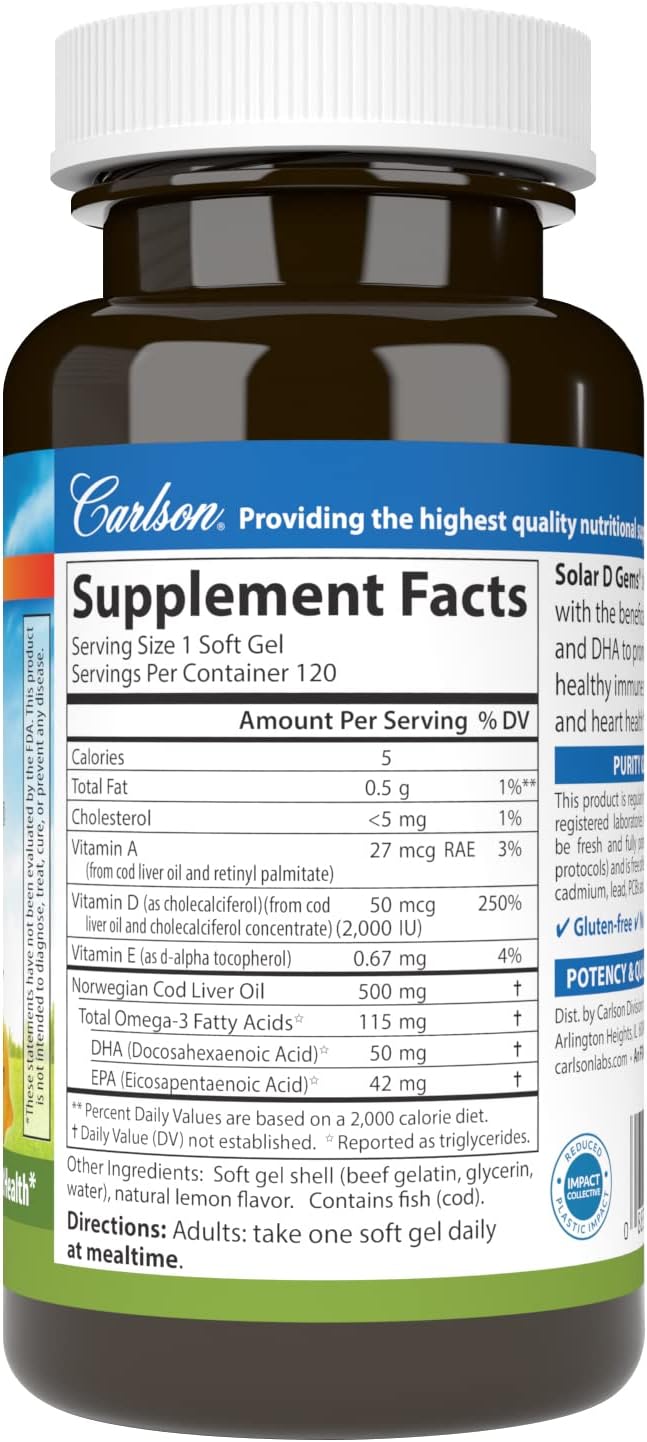 Carlson Labs Solar D Gems Vitamin D3, 2000 IU, 120 Softgels - görsel 2