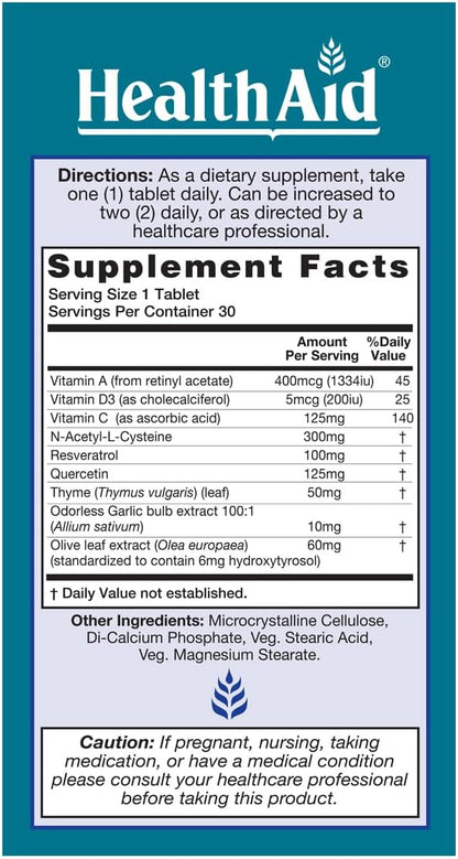 HealthAid LungForte 30 Tablets – Daily Antioxidant Lung Support with NAC, Resveratrol, Olive Leaf, Thyme & Vitamins A, C & D3