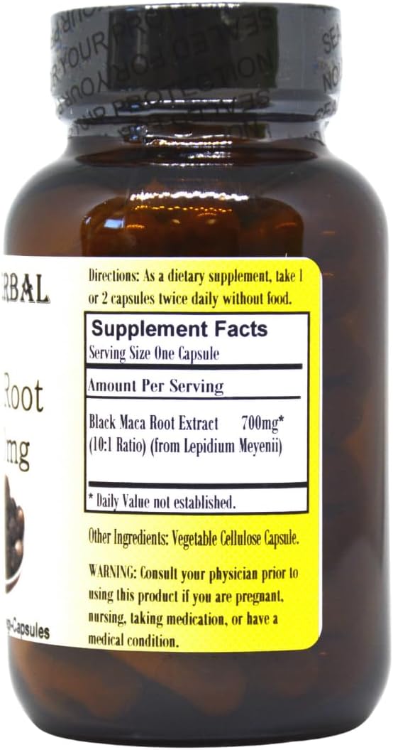 Barlowe's Herbal Elixirs Black Maca | Peruvian Maca Root Extract | 700 mg per Capsule | 60 Veggie Capsules (Vegan, Kosher, Halal) | Glass Bottle | Third Party Tested - görsel 2