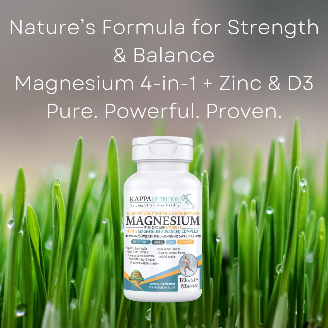 Kappa Nutrition Magnesium 4-in-1 – 280mg Elemental Magnesium (Bisglycinate & Malate) + Zinc & Vitamin D3 – 120 Vegan Capsules - görsel 4