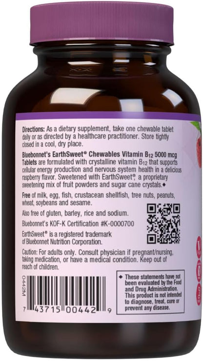 Bluebonnet Nutrition Earth Sweet Vitamin B12 5000 mcg Chewable Tablets - Vegan, Gluten-Free, Raspberry Flavour