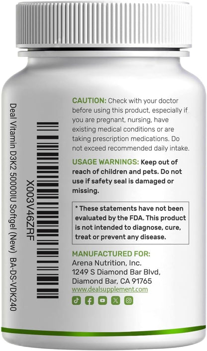 DEAL SUPPLEMENT Vitamin D3 50,000 IU + K2 MK7 200mcg Soft gel capsule Capsules, 240 Count