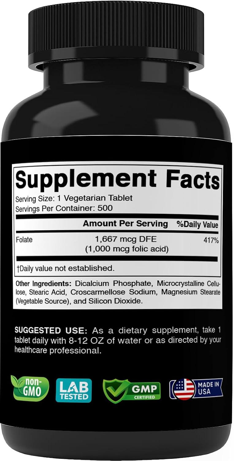 Vitabod Folic Acid 1 mg (1000 mcg) - 500 Vegetarian Tablets - Prenatal and Postnatal Supplement - görsel 5