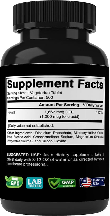 Vitabod Folic Acid 1 mg (1000 mcg) - 500 Vegetarian Tablets - Prenatal and Postnatal Supplement