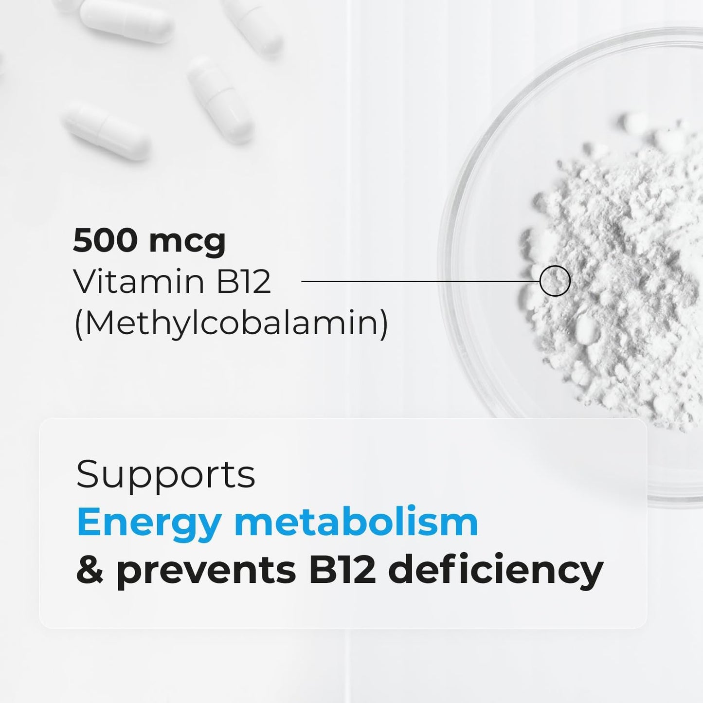 Biogenique Vitamin B12 - Methylcobalamin 500mcg for Energy Metabolism & Nervous System Support - Non-GMO, Gluten-Free, 90 Capsules - görsel 4