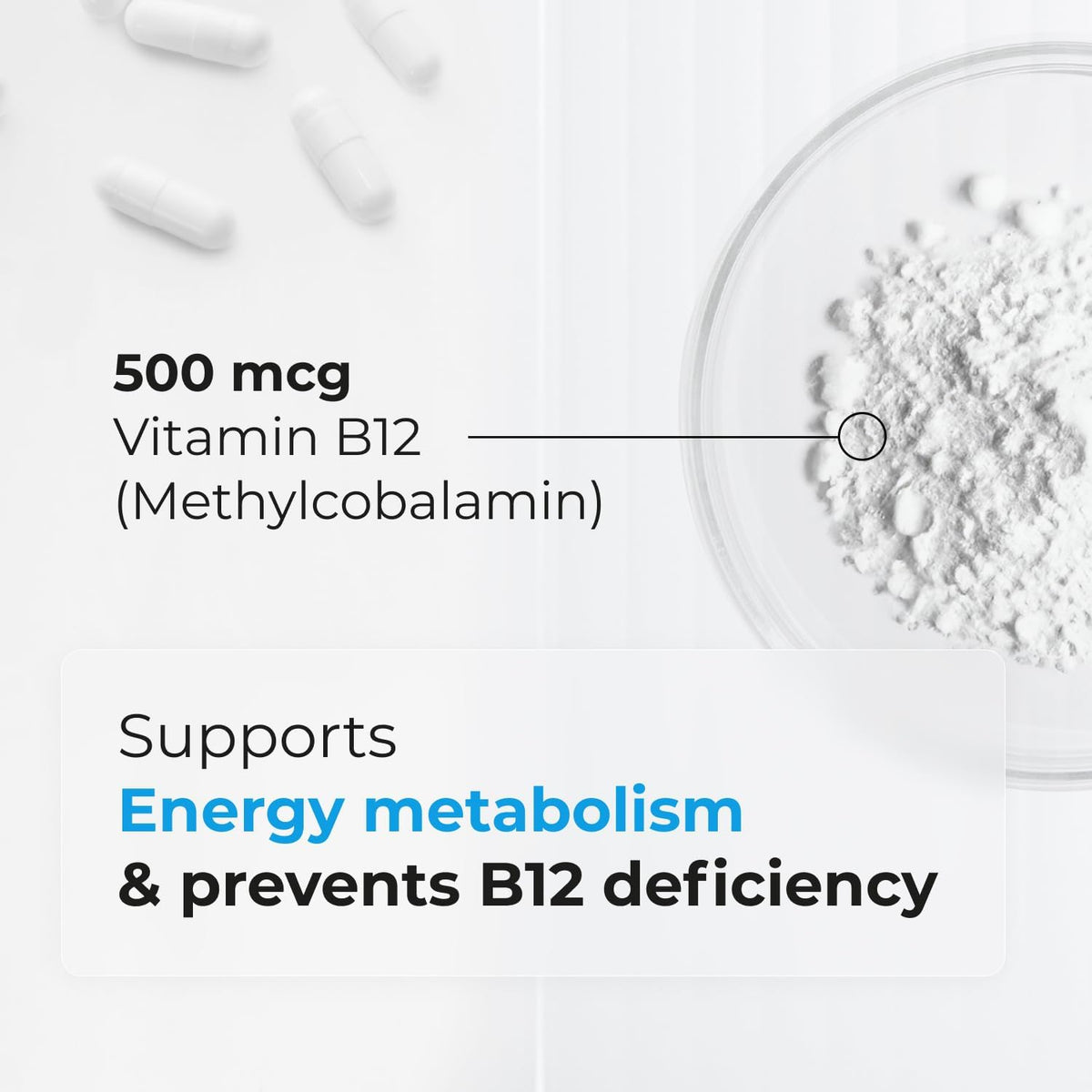 Biogenique Vitamin B12 - Methylcobalamin 500mcg for Energy Metabolism & Nervous System Support - Non-GMO, Gluten-Free, 90 Capsules - görsel 4
