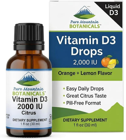 Liquid Vitamin D3 Drops – 2000 IU – Natural Orange Lemon Flavour – Pure Mountain Botanicals
