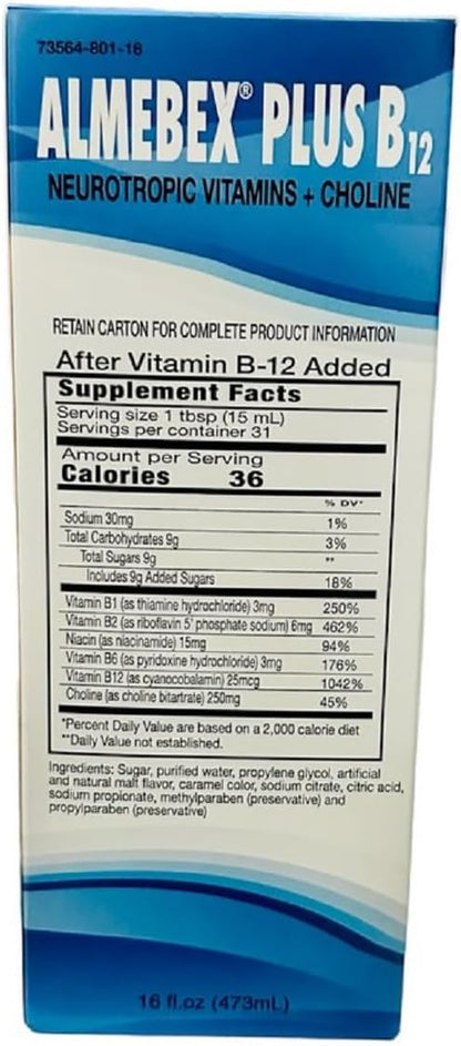 Almebex Plus B12, Neurotropic Vitamins and Choline, 473 ml