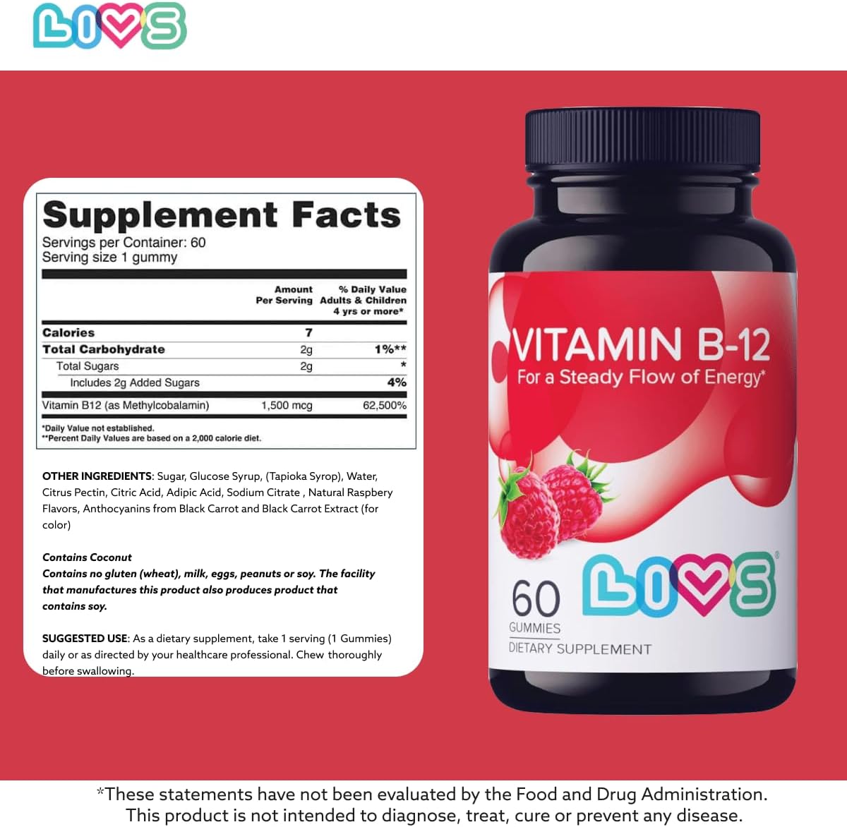 LIVS Vitamin B12 Gummies - Vegan Methylcobalamin 1500mcg - Energy, Metabolism & Nerve Support - Raspberry Flavour - 60 Count - görsel 5