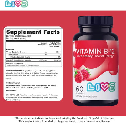 LIVS Vitamin B12 Gummies | 1500mcg Methylcobalamin | Raspberry Flavour | 120 Count