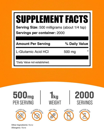 BulkSupplements.com L-Glutamic Acid HCl Powder - 500mg per Serving, 1kg (2.2 lbs)