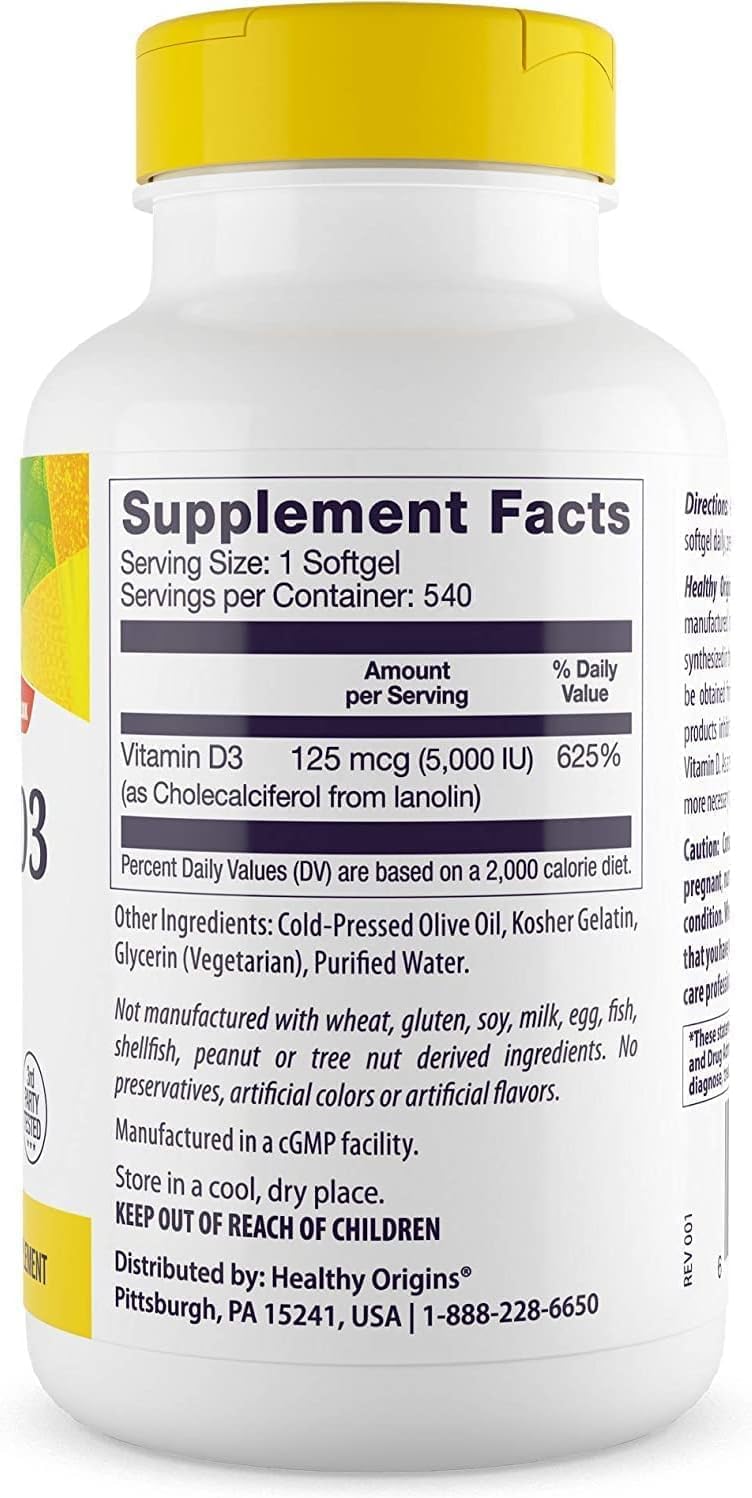 Healthy Origins Vitamin D3 (Lanolin) 5,000 IU Softgels – Bone Maintenance and Immune Function – 540 Softgels - görsel 2