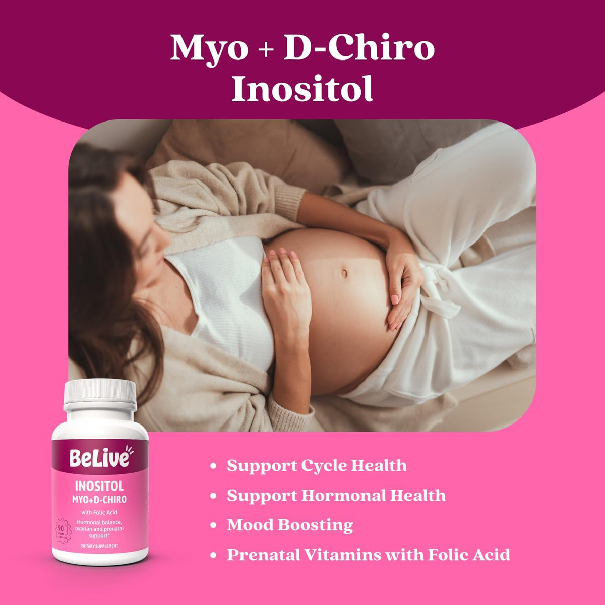 BeLive Myo-Inositol & D-Chiro Inositol Capsules - 90 Capsules: Optimal 40:1 Ratio with Folic Acid - görsel 3