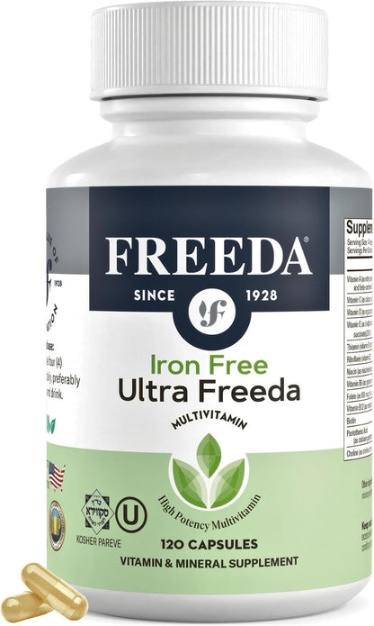 Freeda Maximum Strength Multivitamin – High Potency Daily Supplement for Active Adults – Iron Free – 120 Capsules