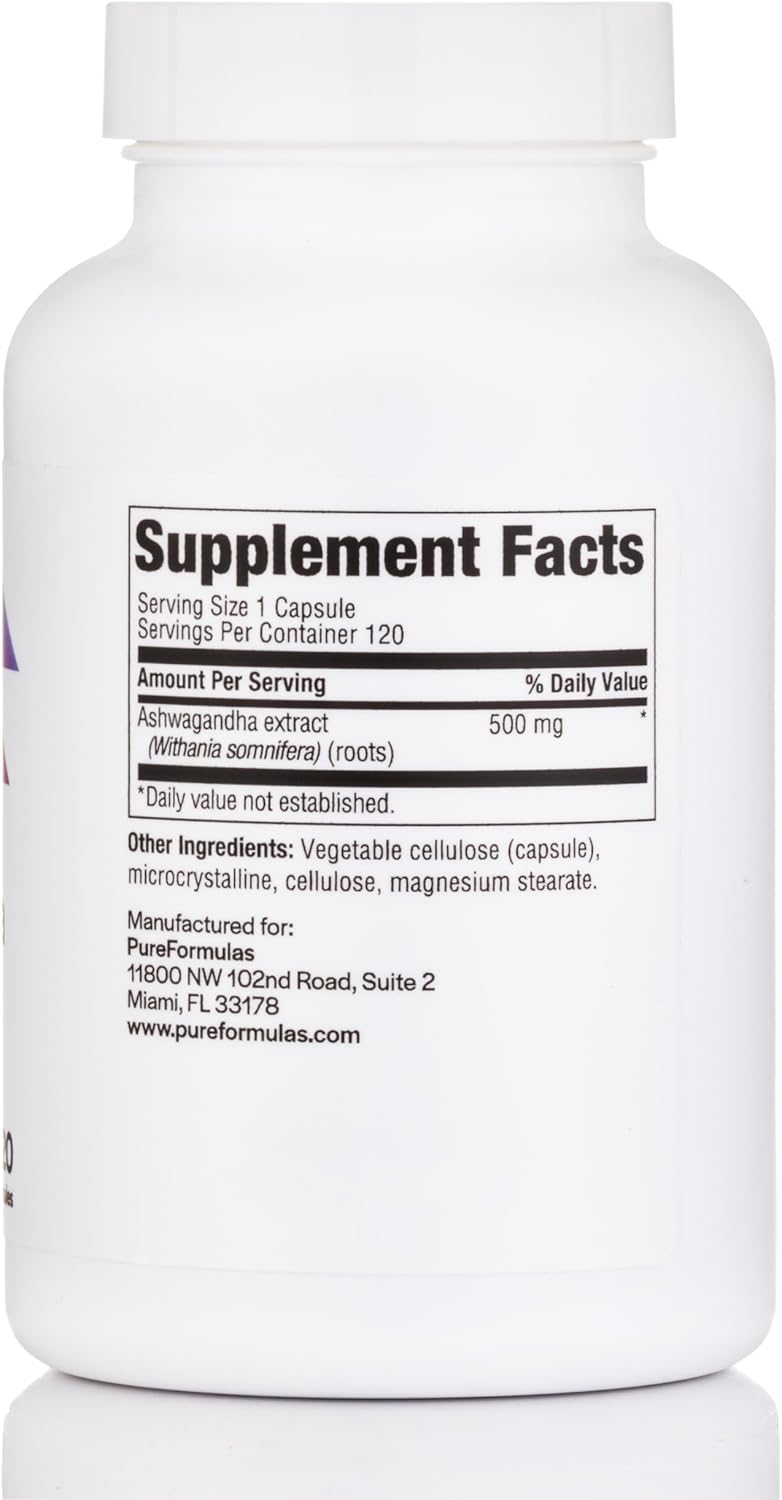 PureFormulas Ashwagandha 500mg, Adaptogenic Stress Supplement, Non-GMO 120 Capsules - görsel 5