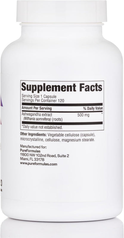 PureFormulas Ashwagandha 500mg, Adaptogenic Stress Supplement, Non-GMO 120 Capsules