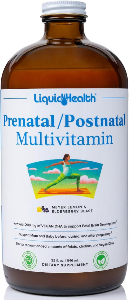 LIQUIDHEALTH Prenatal/Postnatal Liquid Multivitamin with Real Folate - Made in the USA, Vegan, Sugar-Free, Non-GMO (2 Pack)