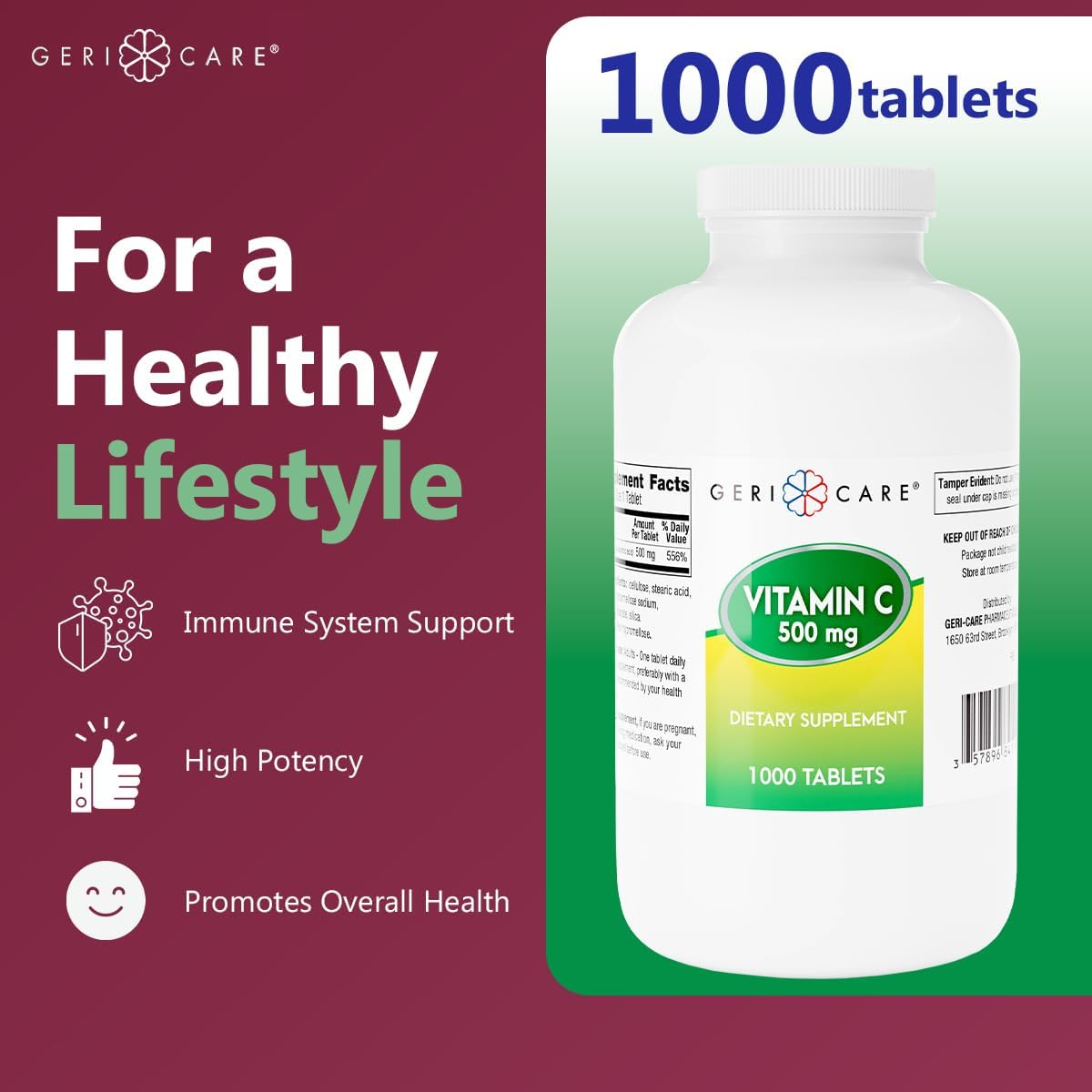 GeriCare Vitamin C 500 mg, Antioxidant, Immune Support, Nutritional Supplement Tablets, 1000 Count - görsel 4