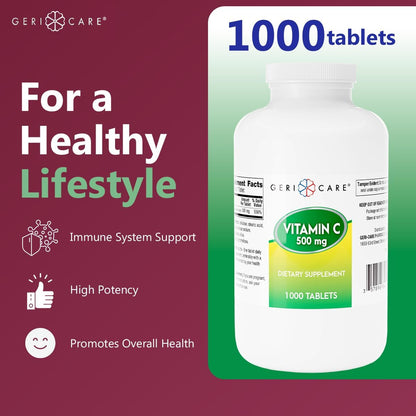 GeriCare Vitamin C 500 mg, Antioxidant, Immune Support, Nutritional Supplement Tablets, 1000 Count
