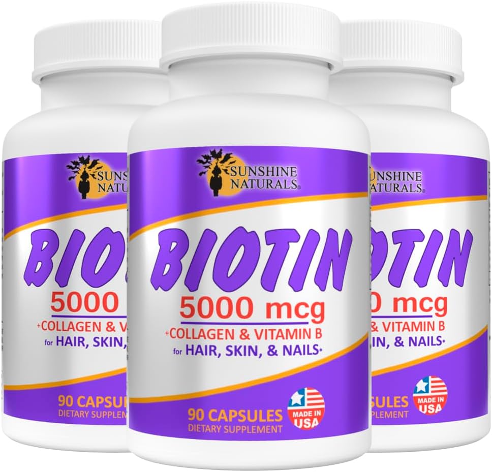 Sunshine Naturals Biotin 5000 mcg Capsules - 90 Count (Pack of 3) - for Hair, Skin & Nails - görsel 1